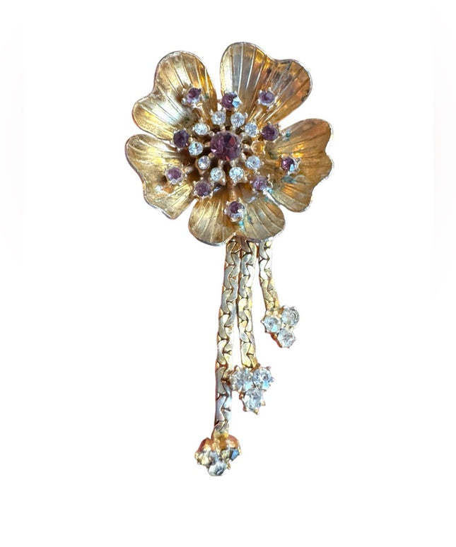Vintage Gold Floral flower  dangle brooch Purple & clear crystal Accents
