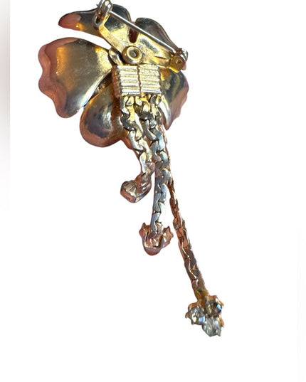 Vintage Gold Floral flower  dangle brooch Purple & clear crystal Accents