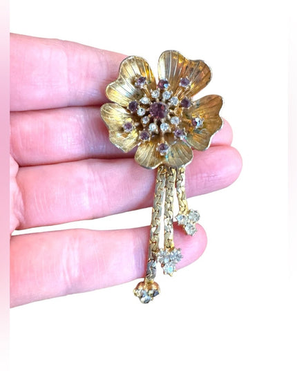 Vintage Gold Floral flower  dangle brooch Purple & clear crystal Accents