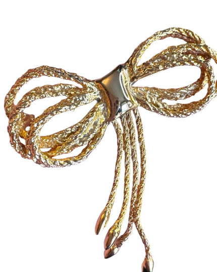Vintage Gold plt textured Bow Brooch with dangle