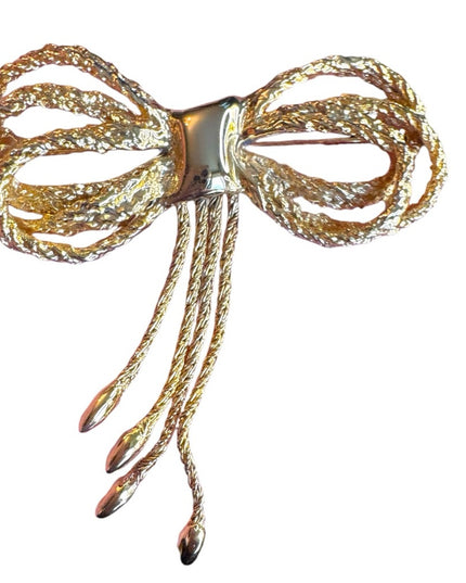 Vintage Gold plt textured Bow Brooch with dangle