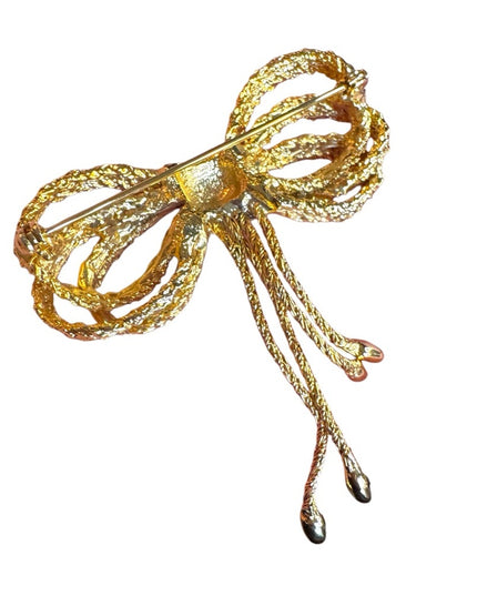 Vintage Gold plt textured Bow Brooch with dangle