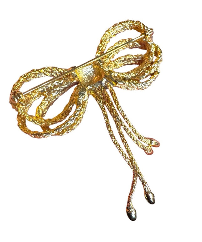 Vintage Gold plt textured Bow Brooch with dangle