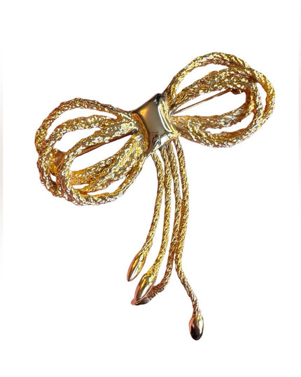 Vintage Gold plt textured Bow Brooch with dangle