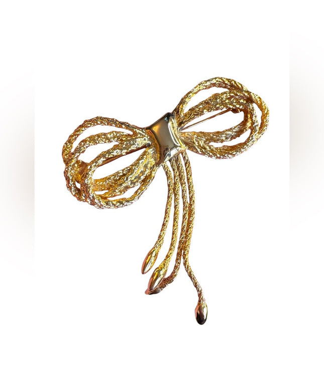 Vintage Gold plt textured Bow Brooch with dangle
