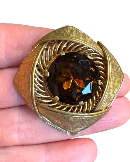 Vintage CZECH Elegant Smokey Topaz  Glass fancy square Brooch