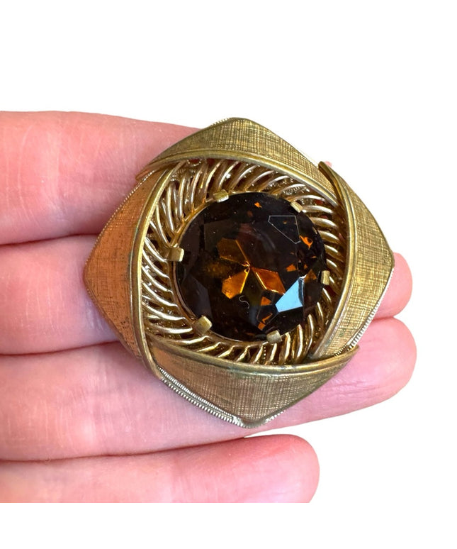 Vintage CZECH Elegant Smokey Topaz  Glass fancy square Brooch