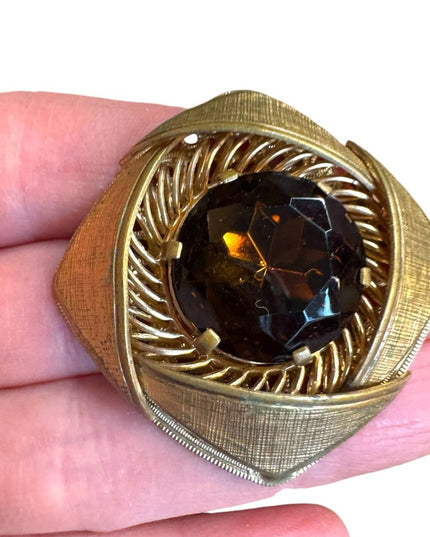 Vintage CZECH Elegant Smokey Topaz  Glass fancy square Brooch