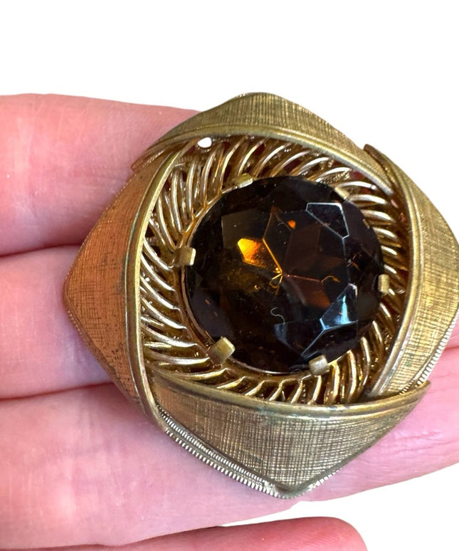 Vintage CZECH Elegant Smokey Topaz  Glass fancy square Brooch