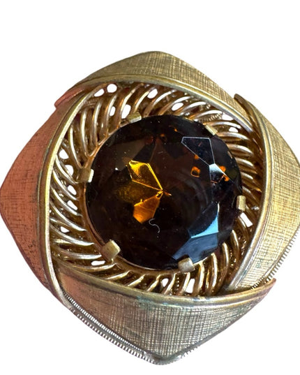 Vintage CZECH Elegant Smokey Topaz  Glass fancy square Brooch
