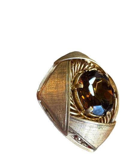 Vintage CZECH Elegant Smokey Topaz  Glass fancy square Brooch