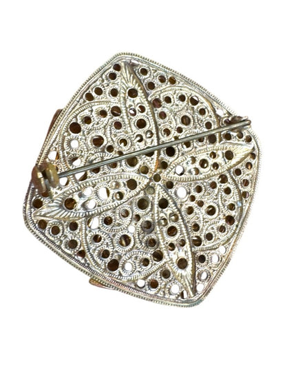 Vintage CZECH Elegant Smokey Topaz  Glass fancy square Brooch