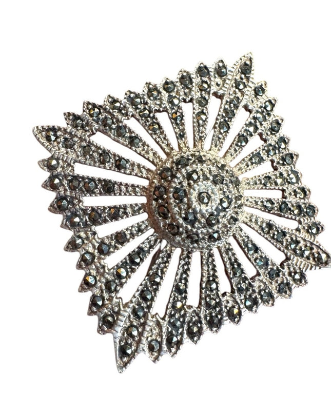 Elegant Vintage large sterling silver 925 marcasite square Brooch