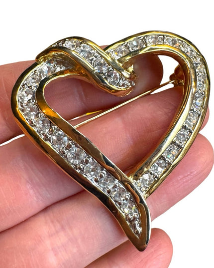 Gold plated Vintage fancy Large Heart Brooch with Crystals
