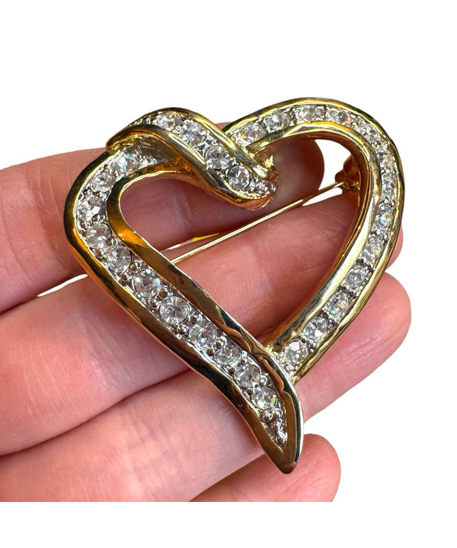 Gold plated Vintage fancy Large Heart Brooch with Crystals