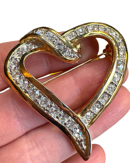Gold plated Vintage fancy Large Heart Brooch with Crystals
