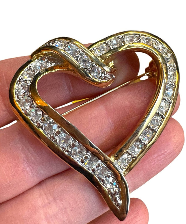 Gold plated Vintage fancy Large Heart Brooch with Crystals