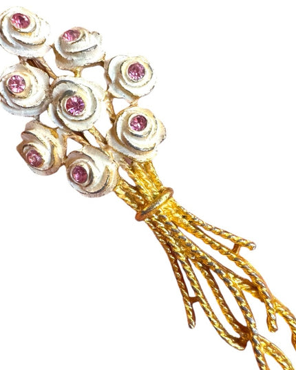 Vintage Mamselle Gold and White Rose flower Brooch with Pink Accents