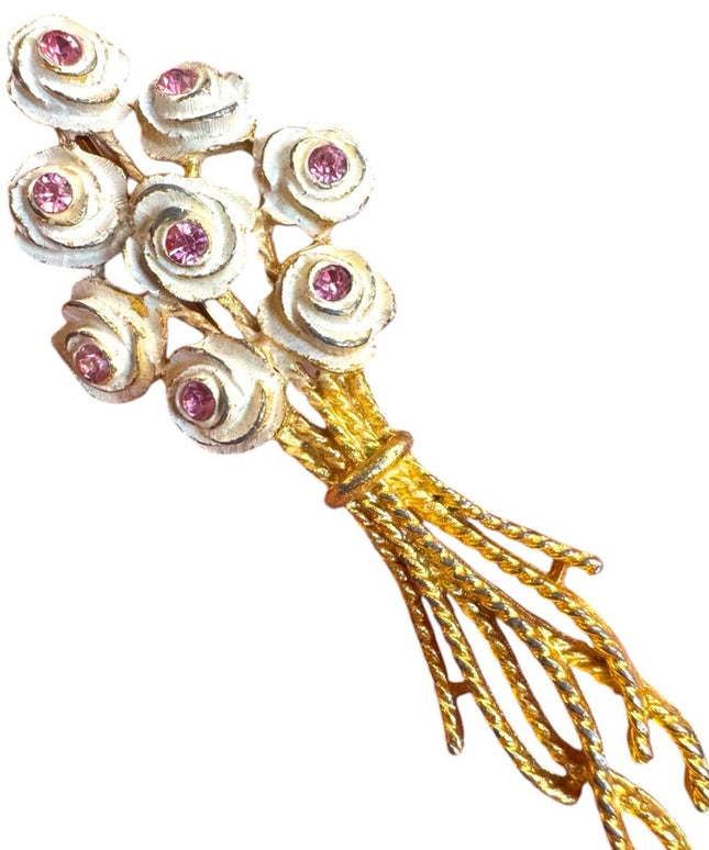 Vintage Mamselle Gold and White Rose flower Brooch with Pink Accents