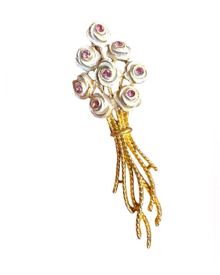 Vintage Mamselle Gold and White Rose flower Brooch with Pink Accents