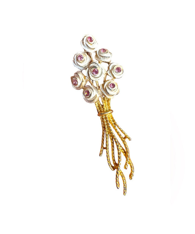Vintage Mamselle Gold and White Rose flower Brooch with Pink Accents