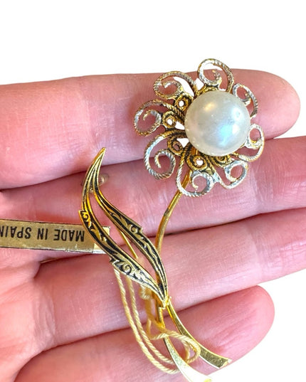Vintage Nielo Damascene Gold Flower Brooch with Pearl Center MI Spain