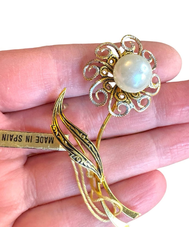 Vintage Nielo Damascene Gold Flower Brooch with Pearl Center MI Spain