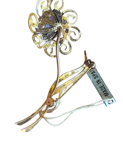 Vintage Nielo Damascene Gold Flower Brooch with Pearl Center MI Spain