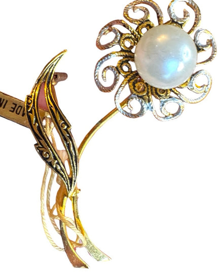 Vintage Nielo Damascene Gold Flower Brooch with Pearl Center MI Spain