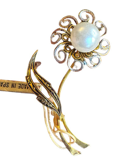 Vintage Nielo Damascene Gold Flower Brooch with Pearl Center MI Spain
