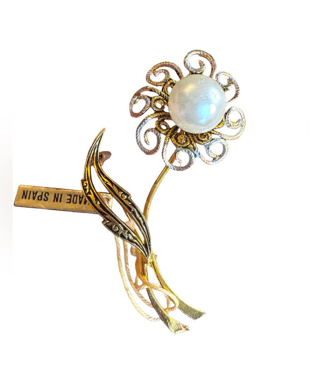Vintage Nielo Damascene Gold Flower Brooch with Pearl Center MI Spain