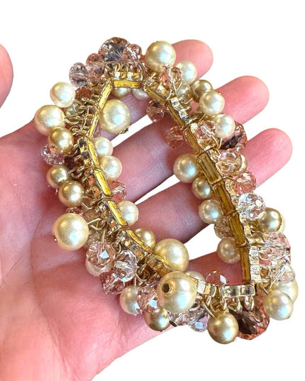 Elegant stretchy expandible Gold finish Crystal & pearl Beaded cha cha  Bracelet