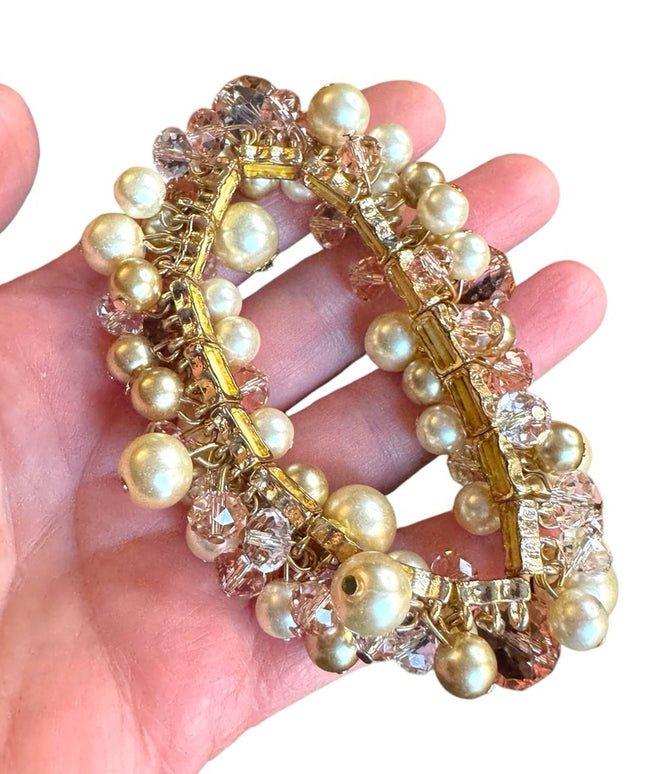 Elegant stretchy expandible Gold finish Crystal & pearl Beaded cha cha  Bracelet