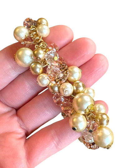 Elegant stretchy expandible Gold finish Crystal & pearl Beaded cha cha  Bracelet