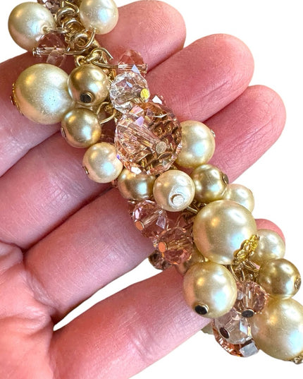 Elegant stretchy expandible Gold finish Crystal & pearl Beaded cha cha  Bracelet