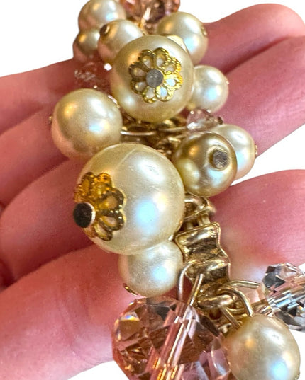 Elegant stretchy expandible Gold finish Crystal & pearl Beaded cha cha  Bracelet