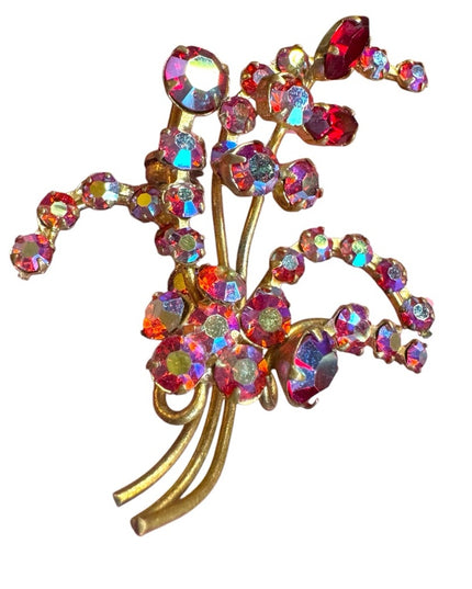 Elegant vintage pink red AB crystal fancy gold finish flower Brooch