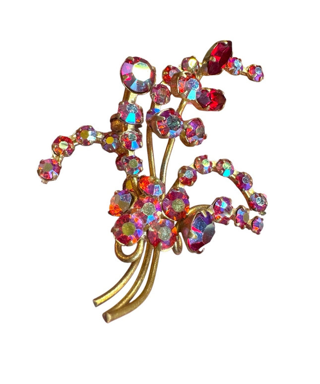 Elegant vintage pink red AB crystal fancy gold finish flower Brooch