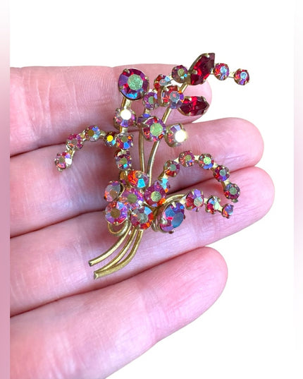Elegant vintage pink red AB crystal fancy gold finish flower Brooch