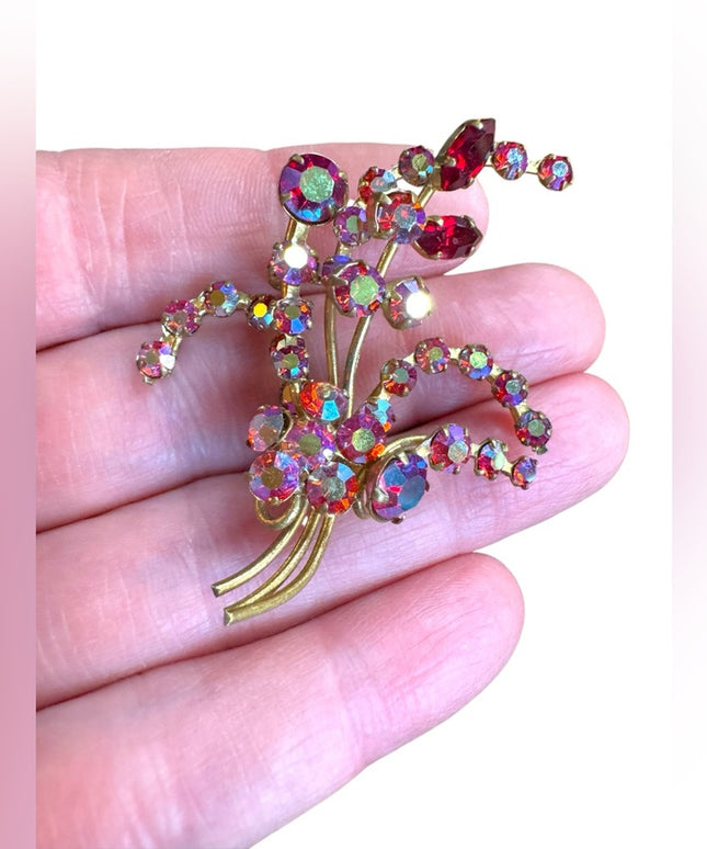 Elegant vintage pink red AB crystal fancy gold finish flower Brooch