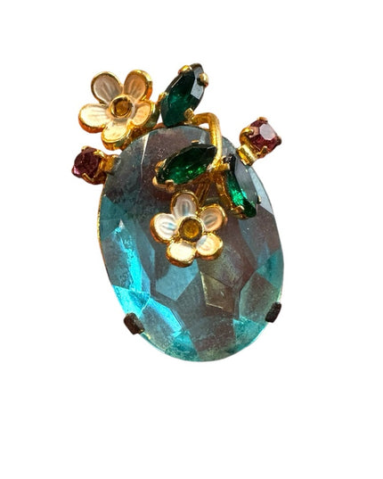 Vintage CZECH glass flower small brooch gold finish Elegant Floral blue  crystal