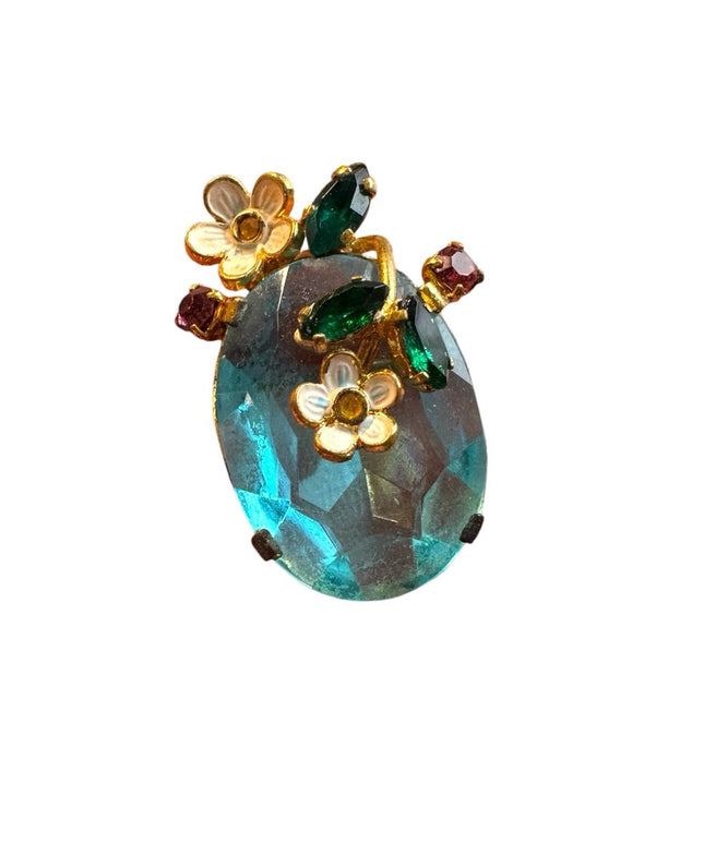 Vintage CZECH glass flower small brooch gold finish Elegant Floral blue  crystal