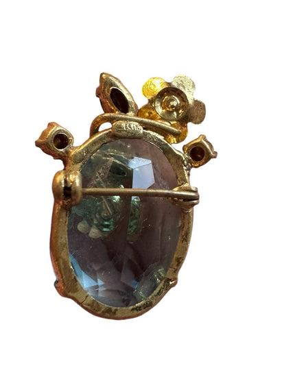 Vintage CZECH glass flower small brooch gold finish Elegant Floral blue  crystal