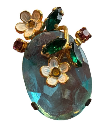 Vintage CZECH glass flower small brooch gold finish Elegant Floral blue  crystal