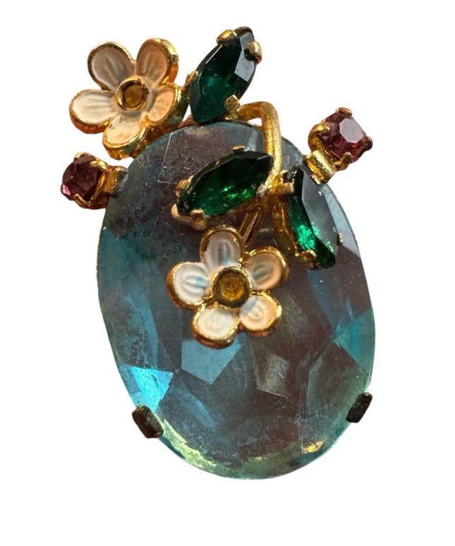 Vintage CZECH glass flower small brooch gold finish Elegant Floral blue  crystal