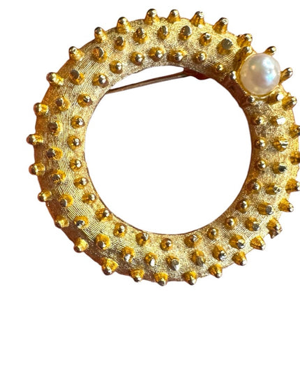 Vintage Mamselle Gold textured finish brooch with Pearl Accent