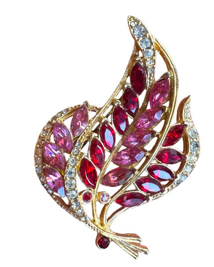 Elegant Vintage  Red & pink rhinestone crystal Gold finish floral Leaf Brooch