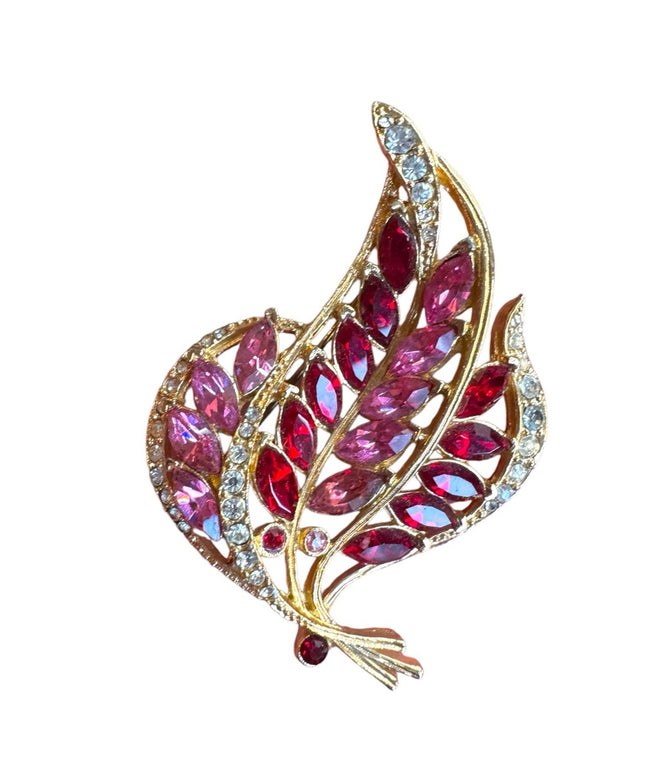 Elegant Vintage  Red & pink rhinestone crystal Gold finish floral Leaf Brooch
