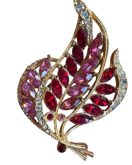 Elegant Vintage  Red & pink rhinestone crystal Gold finish floral Leaf Brooch