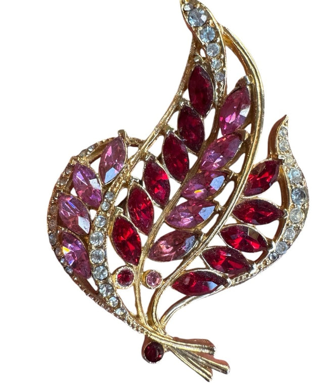 Elegant Vintage  Red & pink rhinestone crystal Gold finish floral Leaf Brooch